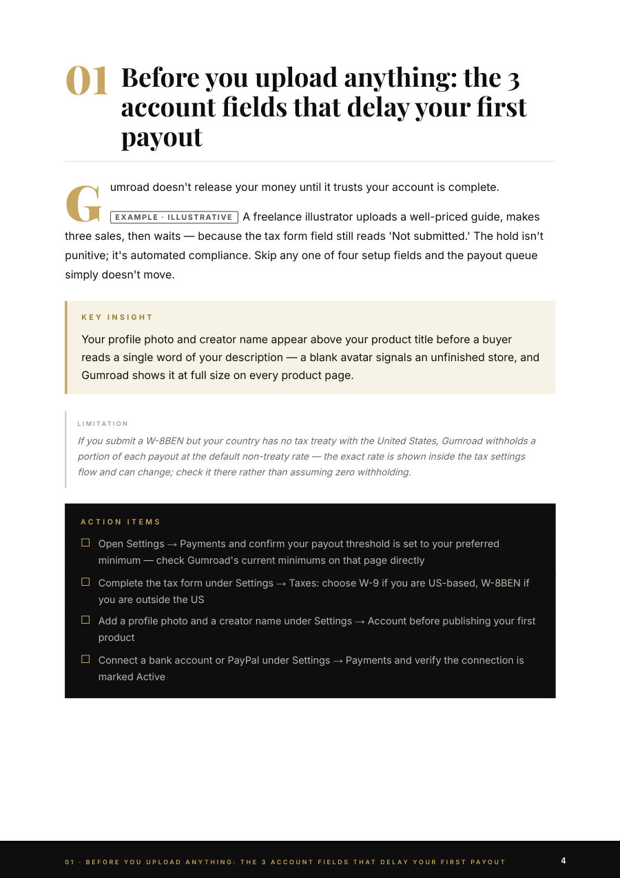 Your First PDF Sale on Gumroad: Section 1: the account fields that delay a first payout